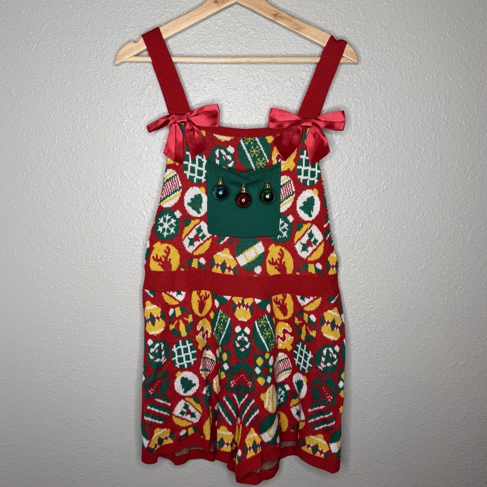 Ugly Christmas Sweater Knit Romper Jumper Shorts Womens M Holiday Festive Bows